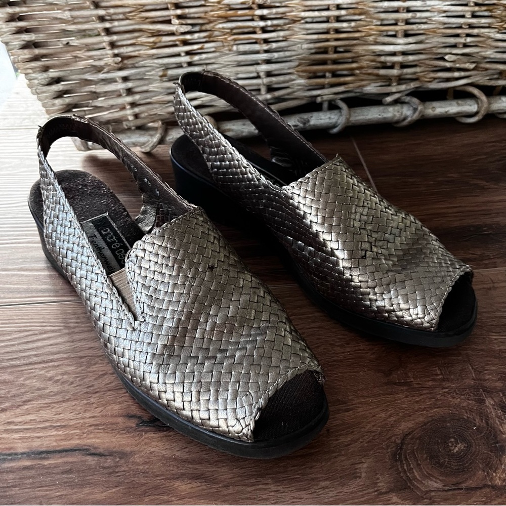 Andre Assous featherweights gold weave heel sandals.